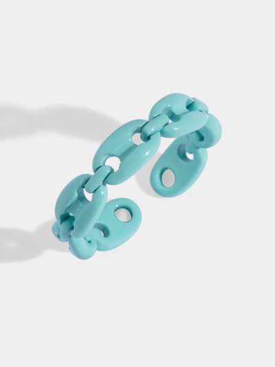 Light blue chain ring with adjustable fit. Made of stained steel. This ring is thin and delicate.