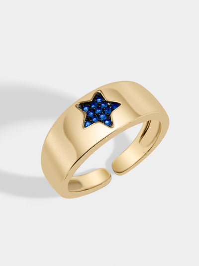 Blue star galaxy ring in gold plating that will match with your going out outfit. This ring is paved with blue cubic zirconia stones and will give you the sparkle that you are looking for and fit all adjustable size
