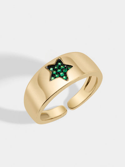 Adjustable green star galaxy gold ring. This ring will be the perfect contrast with your orange outfit, bringing you elegance and and sophistication. Ready to party tonight?