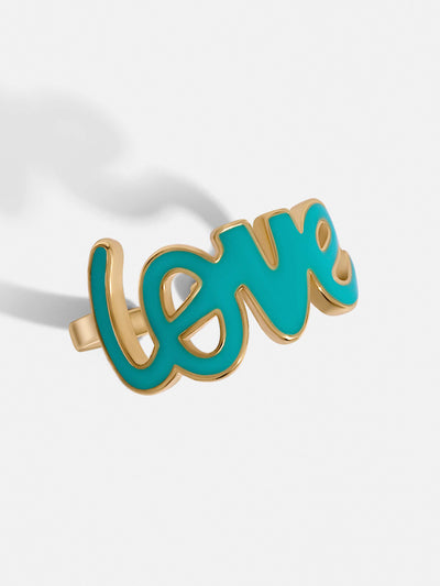 Gold-plated ring with turquoise neon LOVE letters. Adjustable to fit any size. You will love this ring.