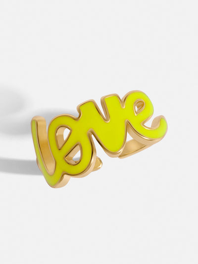 Gold-plated ring with yellow neon LOVE letters. Adjustable to fit any size. You will love this ring.